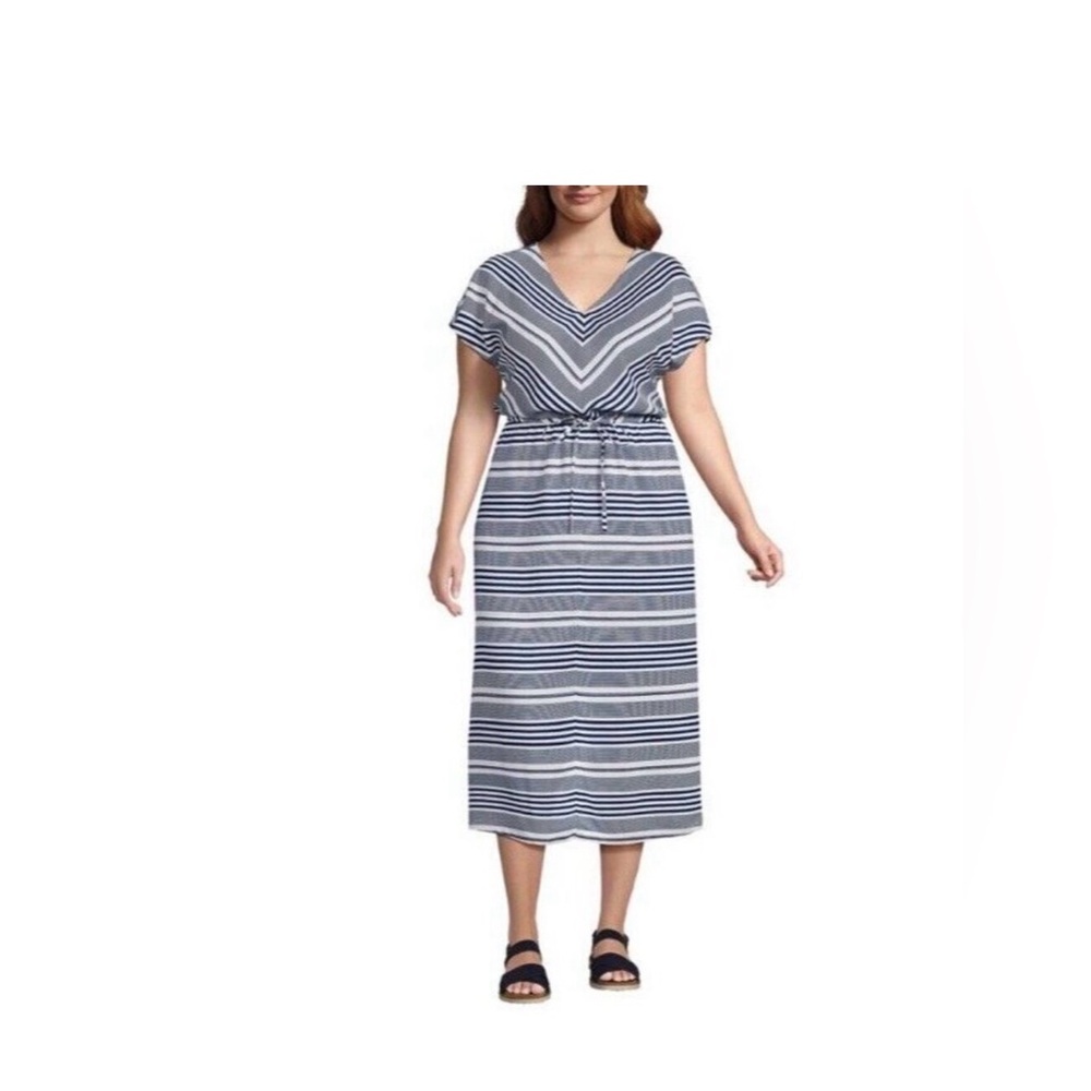 Lands' End Women's Size 3X TENCEL Fiber V-Neck Midi Dress Nautical Beach Cruise
